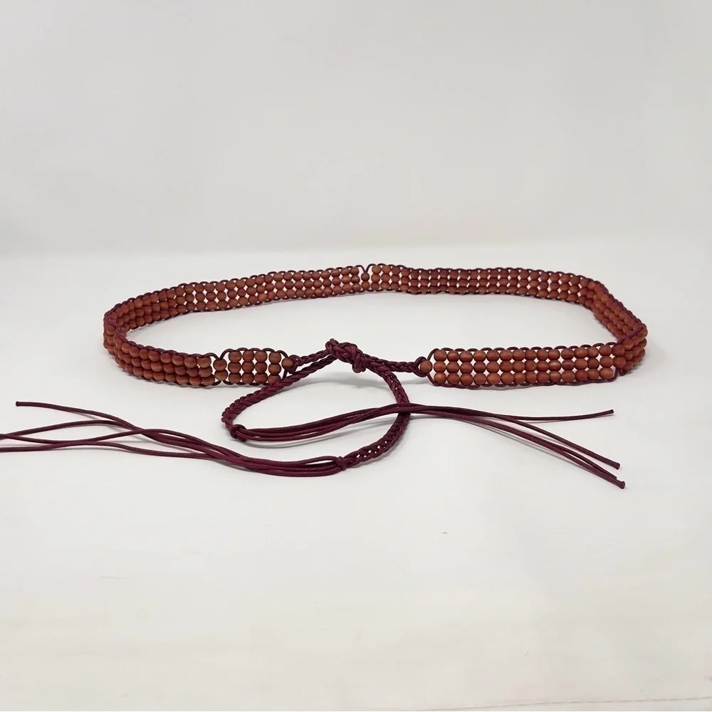 Vintage Boho, Western Wine Colored Wooden‎ Beads Belt w/ Fringe